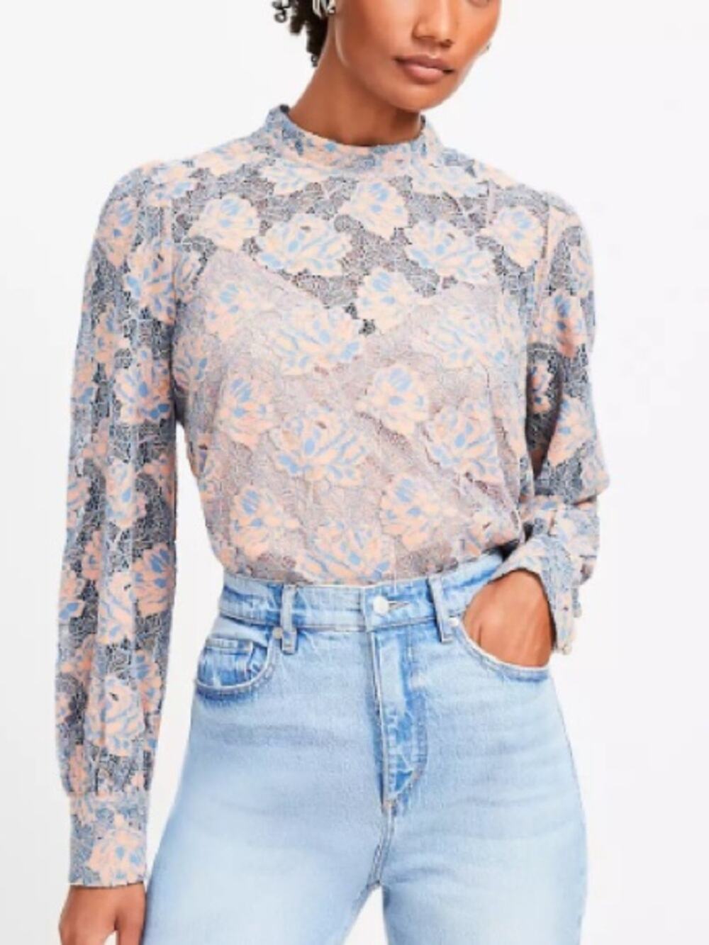 Ann Taylor Loft NWTs Floral Lace Mock-Neck Long-Sleeve Top Peach Blue size large